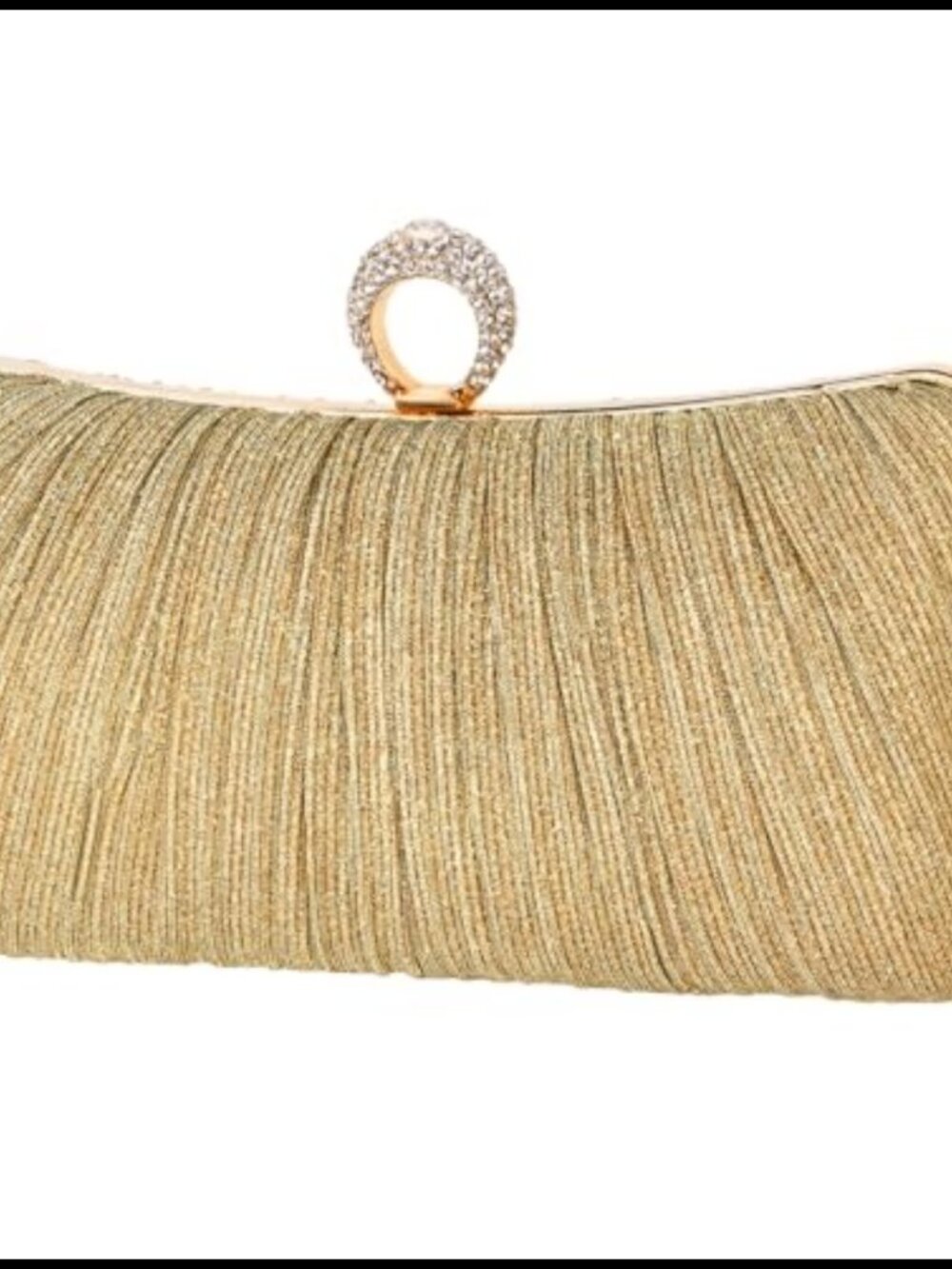 Womens Golden Glitter Clutch Pleated Evening Bag Rhinestone Ring